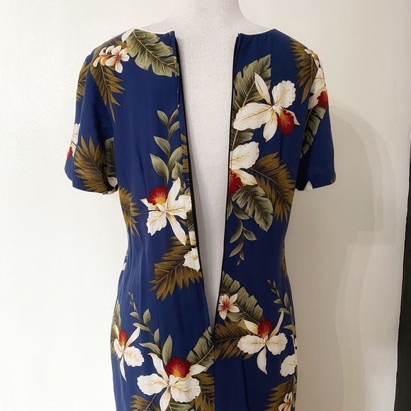 TWO PALMS NAVY HAWAIIAN FLORAL SHORT SLEEVE TRUMPET RUFFLE MAXI DRESS - S - Picture 5 of 8